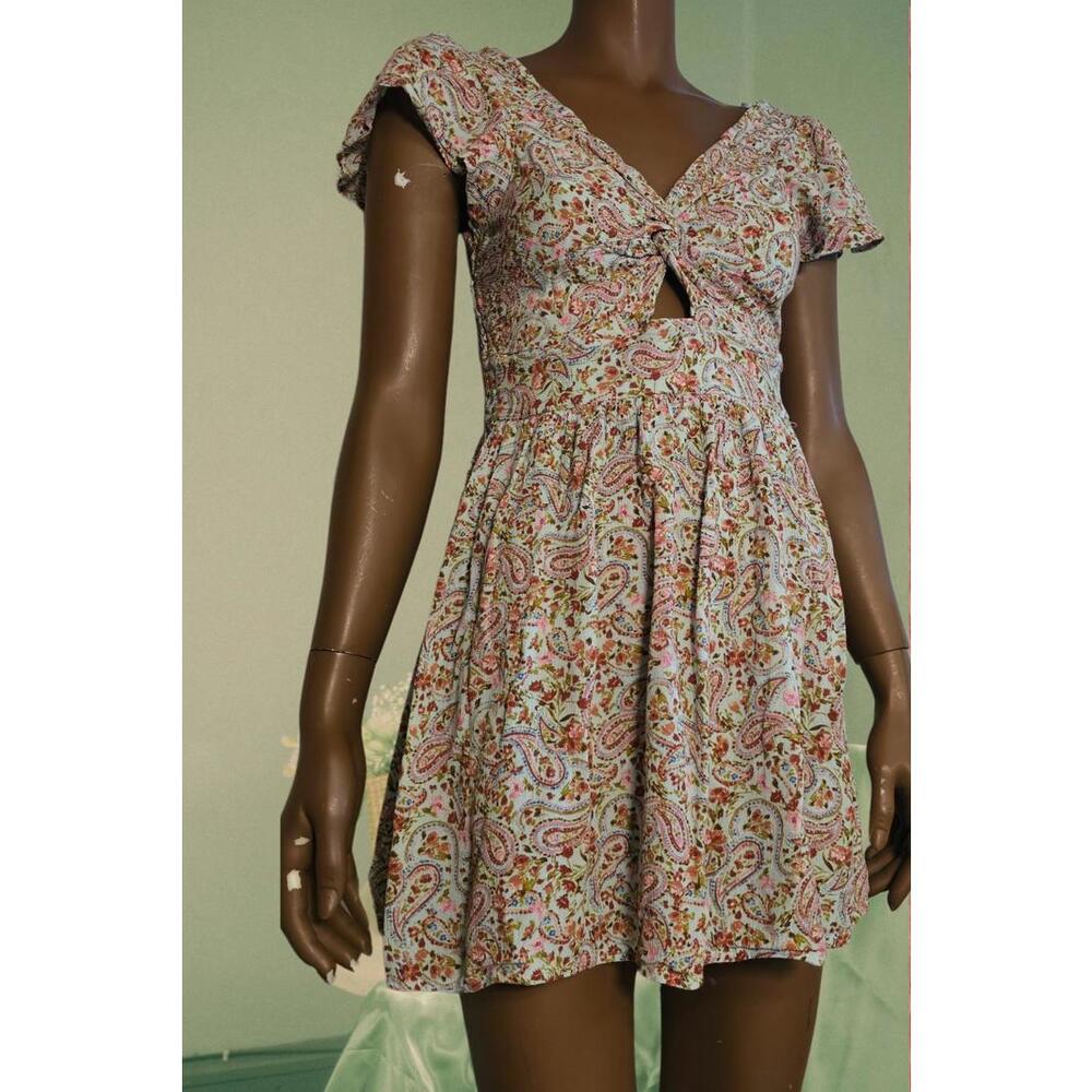 Blue rain baby blue mini floral dress ruffle sleeve cut out detail fits S-XS